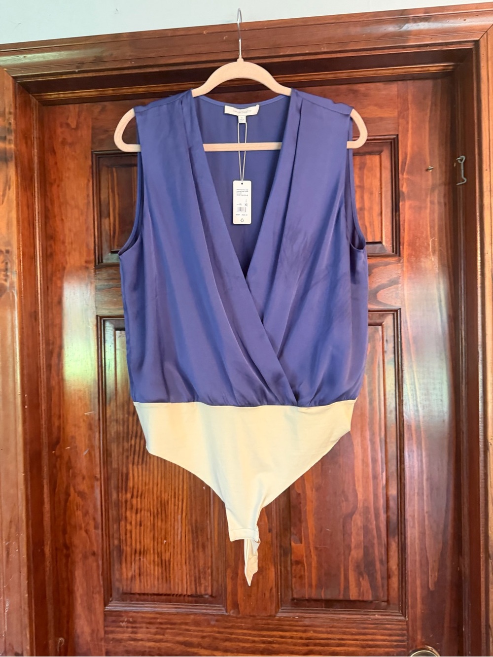 Sleeveless Purple & Cream Surplice Bodysuit Top